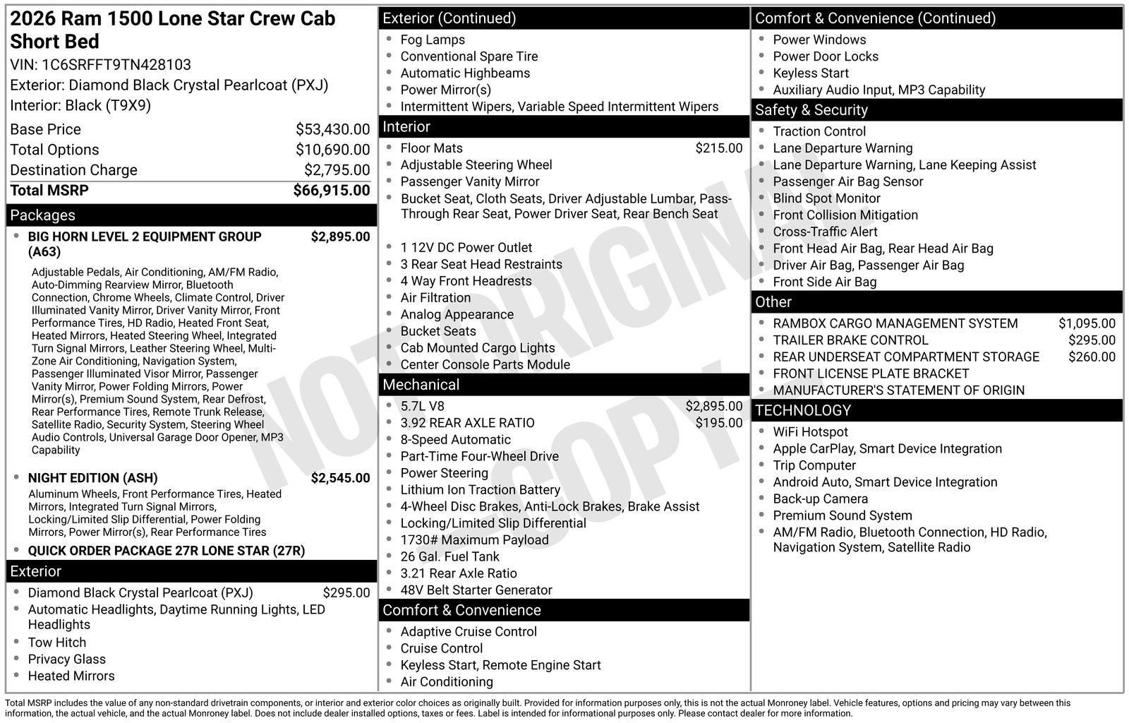 2026 RAM Ram 1500 RAM 1500 LONE STAR CREW CAB 4X4 5'7' BOX