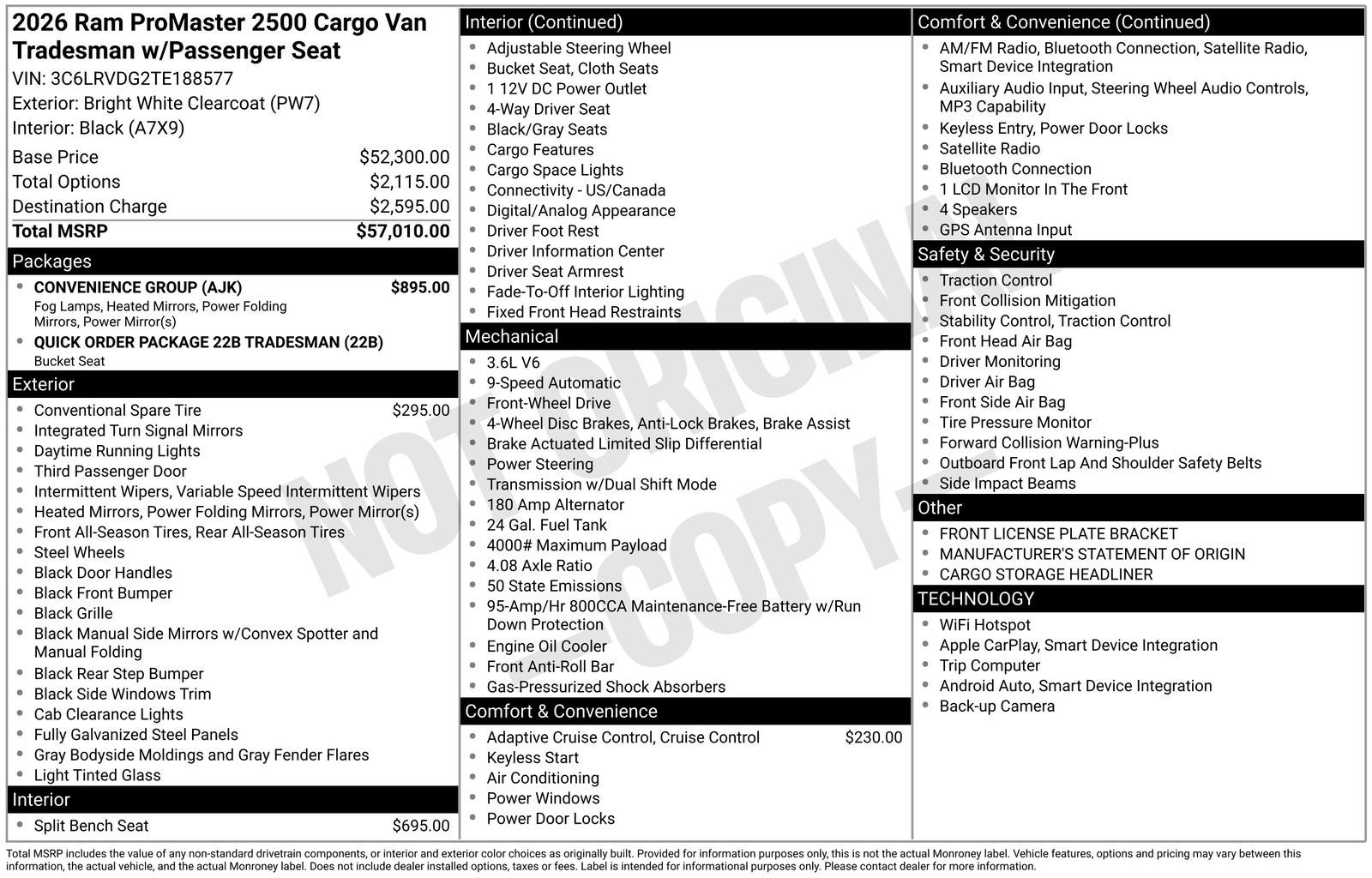 2026 RAM Ram ProMaster RAM PROMASTER 2500 TRADESMAN CARGO VAN HIGH ROOF 159' WB